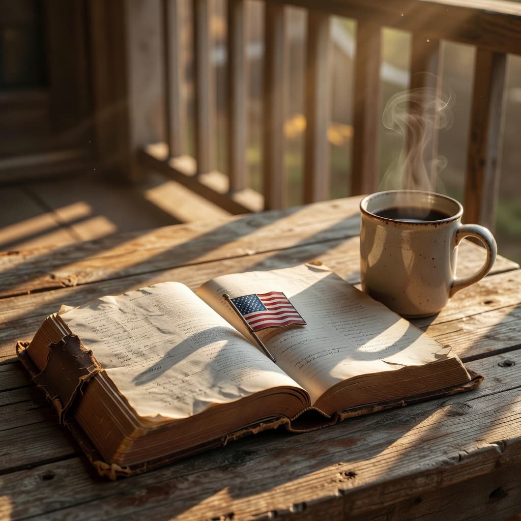 A worn family Bible open on a porch table with a small American flag pin resting on the page