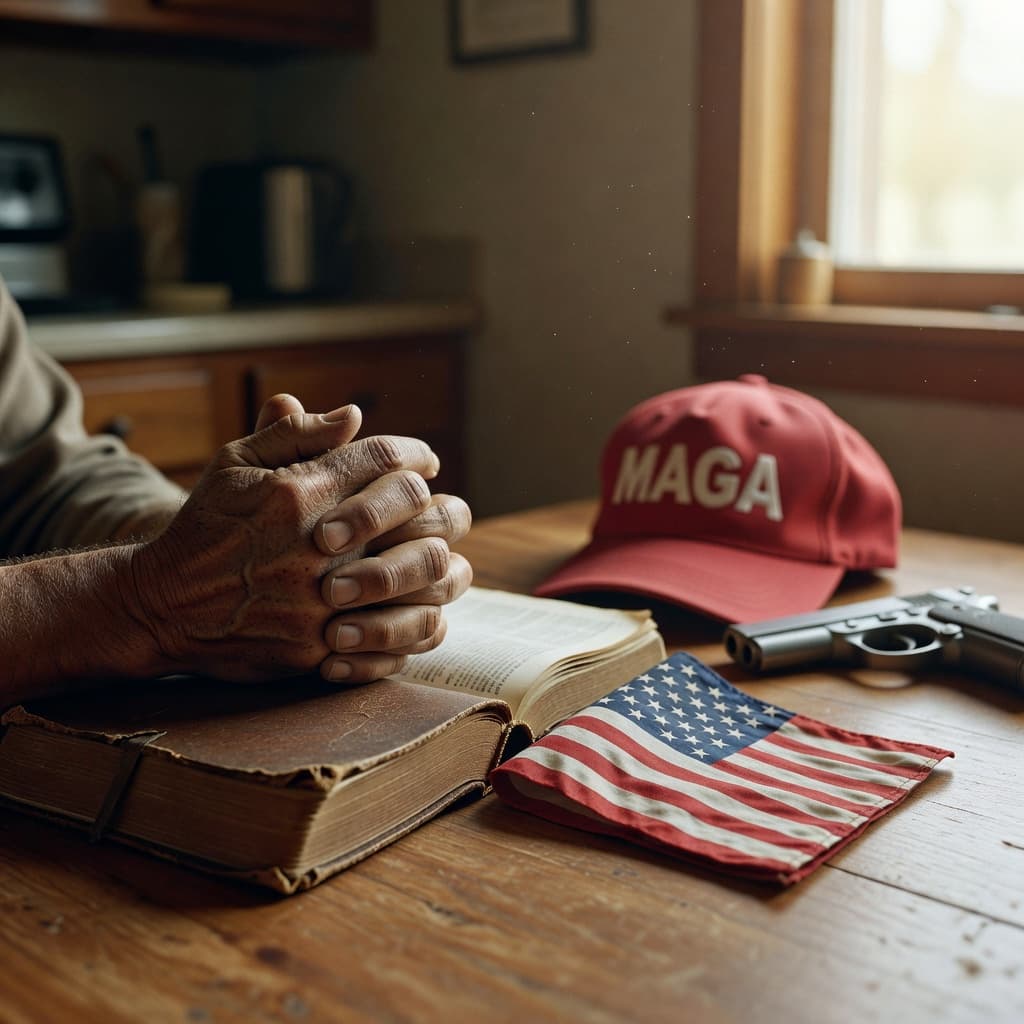Weathered hands clasped in prayer on an open Bible beside a folded American flag